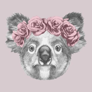 Koala 'nın pembe arka plandaki gül çelengiyle çizilmiş güzel bir portresi.