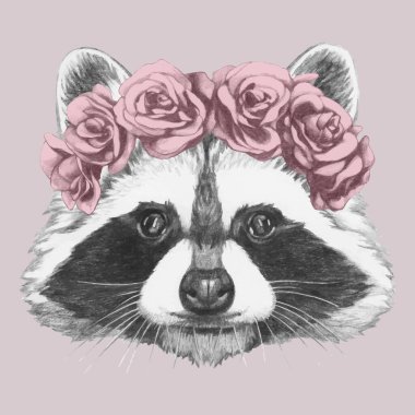 Pembe arka planda güllerle süslenmiş hayvan portresi.