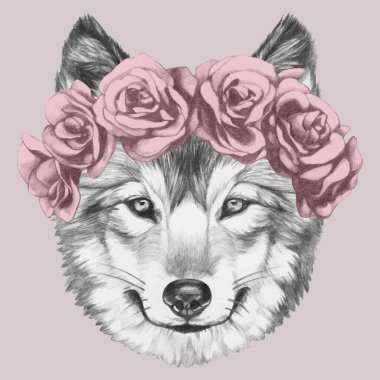 Pembe arka planda güllerle süslenmiş hayvan portresi.