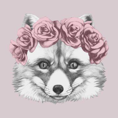 Pembe arka planda güllerle süslenmiş hayvan portresi.