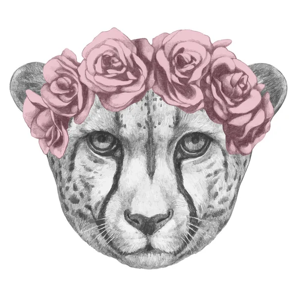 Nice Retrato Esboço Animal Grinalda Rosas Sobre Fundo Rosa —  Vetores de Stock