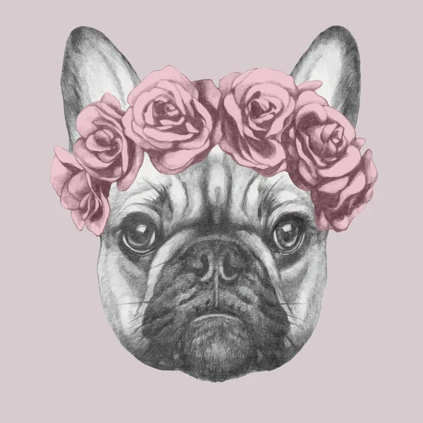 ピンクの背景にバラのリースの犬の素敵なスケッチの肖像画 — ストックベクタ