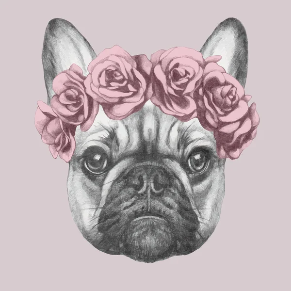 Bonito Retrato Esboço Cão Grinalda Rosas Sobre Fundo Rosa — Vetor de Stock