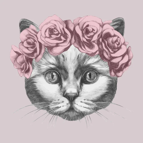 Bonito Retrato Esboço Gato Grinalda Rosas Sobre Fundo Rosa — Vetor de Stock