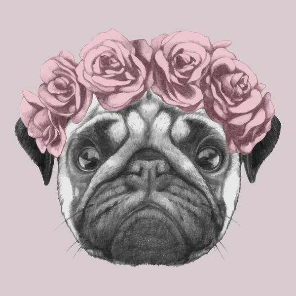 Nice Sketch Portrait Dog Wreath Roses Pink Background — 스톡 벡터