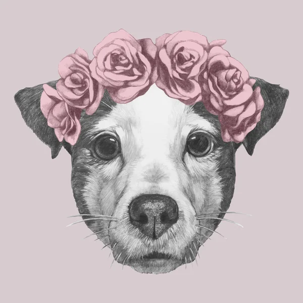 Bonito Retrato Perro Corona Rosas Sobre Fondo Rosa — Archivo Imágenes Vectoriales