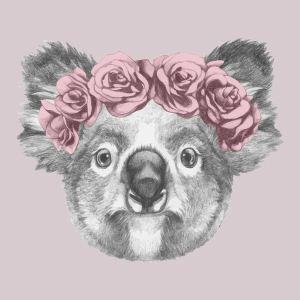 Mooie Schets Portret Van Koala Krans Van Rozen Roze Achtergrond — Stockvector