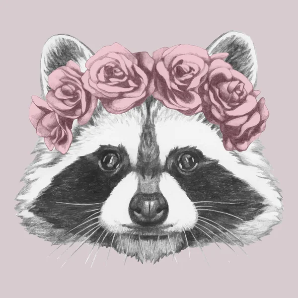 粉色背景玫瑰花圈中动物的漂亮素描 — 图库矢量图片
