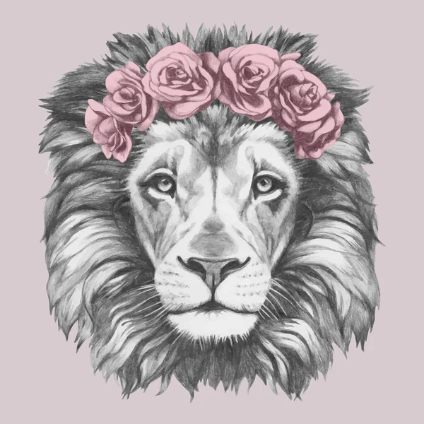 Bonito Retrato Esboço Leão Grinalda Rosas Sobre Fundo Rosa — Vetor de Stock