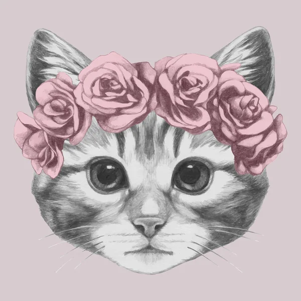 Bonito Retrato Esboço Gato Grinalda Rosas Sobre Fundo Rosa — Vetor de Stock