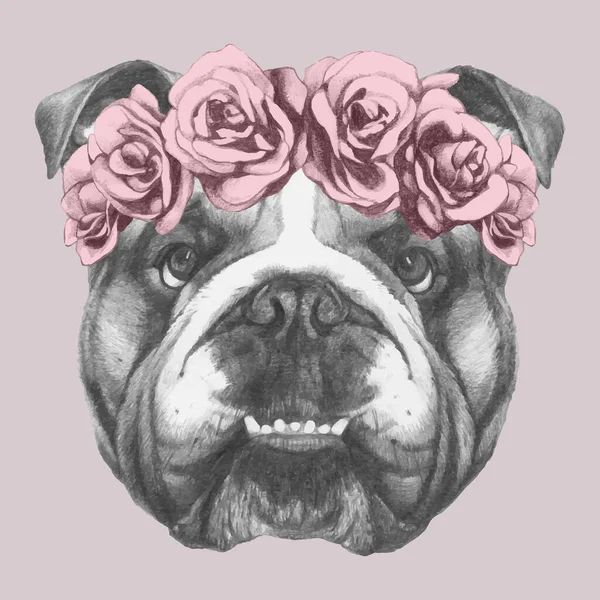 Nice Sketch Portrait Dog Wreath Roses Pink Background — 스톡 벡터