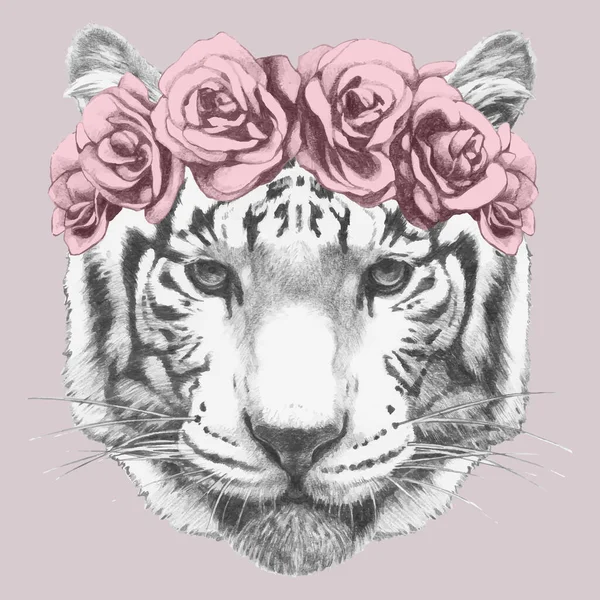 Bello Schizzo Ritratto Animale Corona Rose Sfondo Rosa — Vettoriale Stock