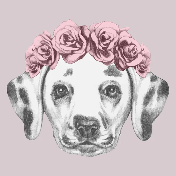 Nice Sketch Portrait Dog Wreath Roses Pink Background — 스톡 벡터