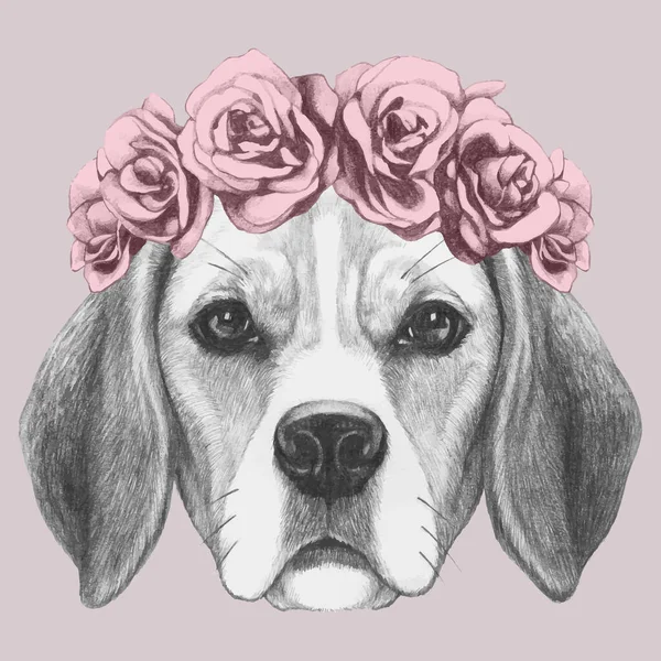 Ωραίο Σκίτσο Πορτρέτο Του Σκύλου Στεφάνι Από Τριαντάφυλλα Ροζ Φόντο — Διανυσματικό Αρχείο