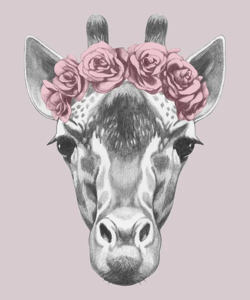 Portret Żyrafa Głową Wieniec Kwiatów Ilustracja — Wektor stockowy