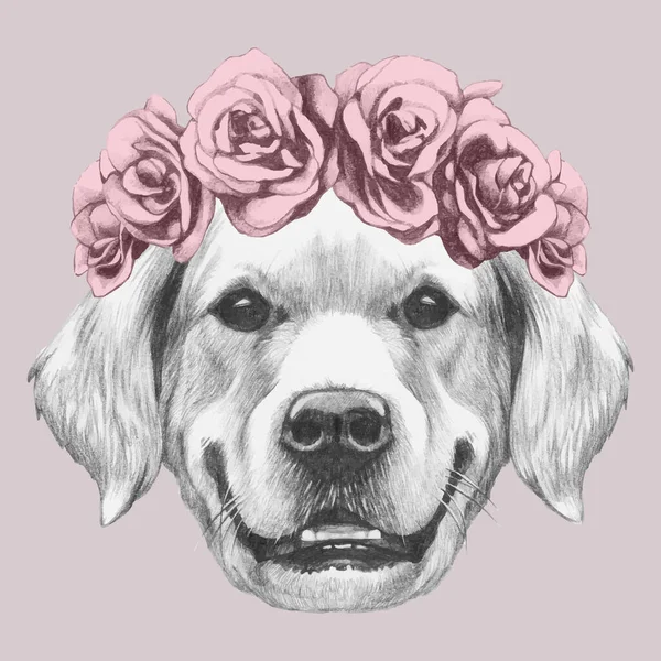 Pěkný Náčrt Portrét Psa Věnec Růží Růžovém Pozadí — Stockový vektor