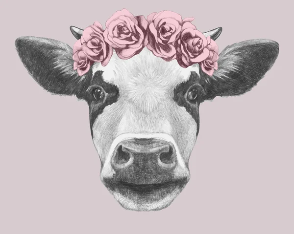 Portrait Cow Floral Head Wreath Hand Drawn Illustration — 스톡 벡터