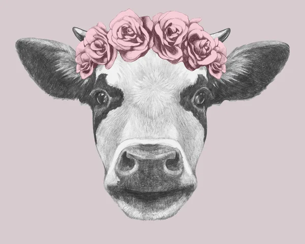 Ritratto Mucca Con Corona Teste Floreali Illustrazione Disegnata Mano — Vettoriale Stock