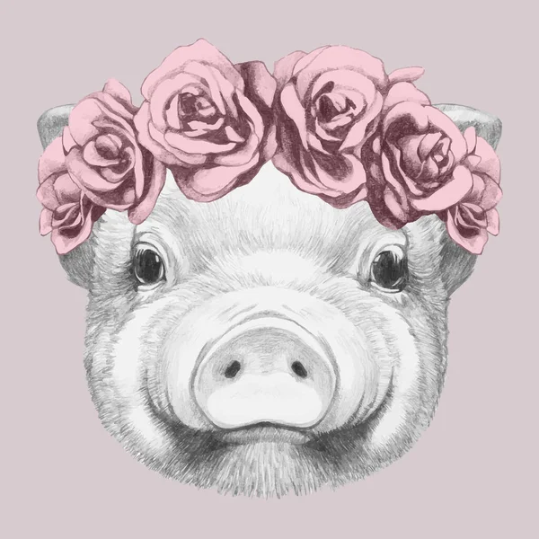 Retrato Piggy Con Corona Floral Ilustración Dibujada Mano — Vector de stock