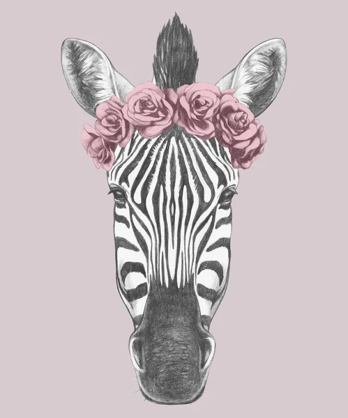 Potret Zebra Dengan Karangan Bunga Kepala Ilustrasi Gambar Tangan - Stok Vektor