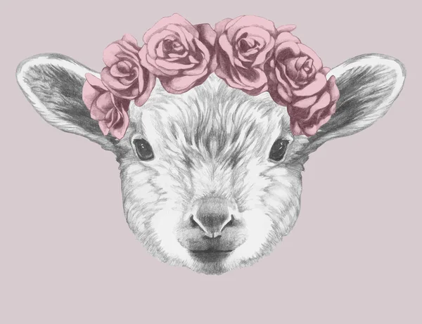 画像的羔羊与头部的花环 手绘插图 — 图库矢量图片