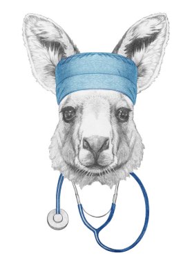 Steteskoplu kanguru portresi, elle çizilmiş.