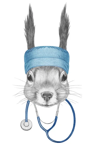 用听诊器 手绘插图刻画松鼠的肖像 — 图库照片