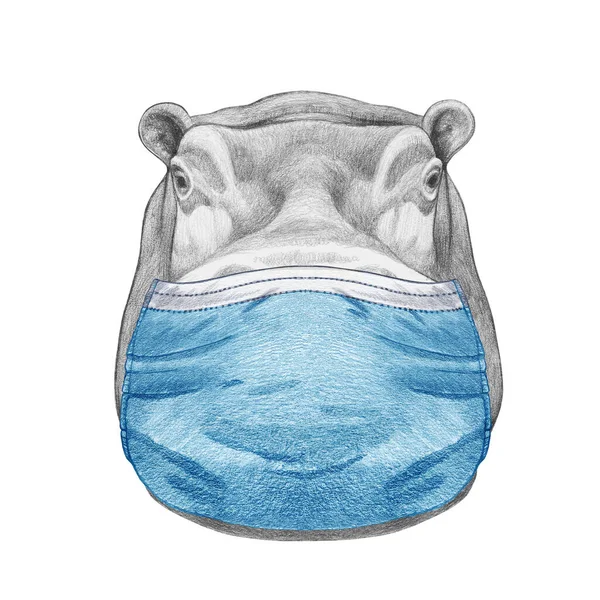 Retrato Hipopótamo Máscara Ilustração Desenhada Mão — Fotografia de Stock