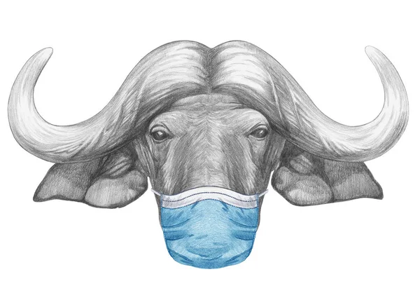 头戴口罩的水牛的画像 手绘插图 — 图库照片