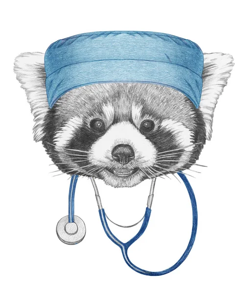 Retrato Panda Vermelha Com Estetoscópio Ilustração Desenhada Mão — Fotografia de Stock