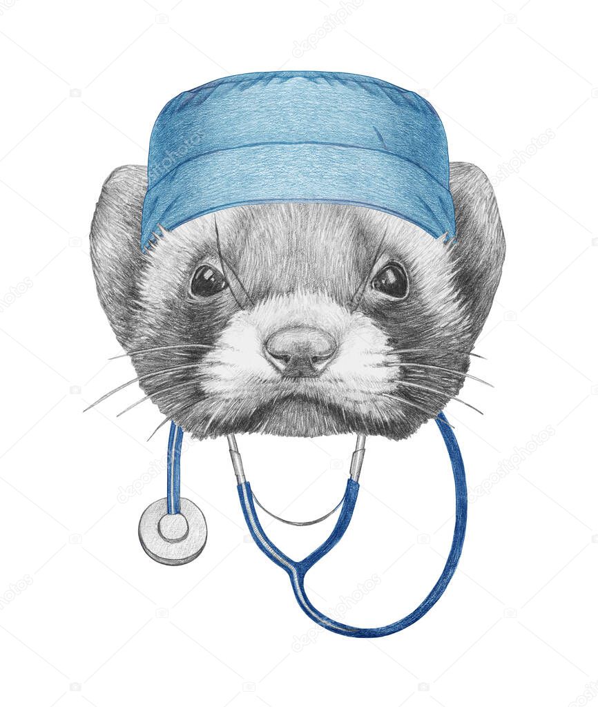 Portrait of  ferret with stethoscope, hand-drawn illustration
