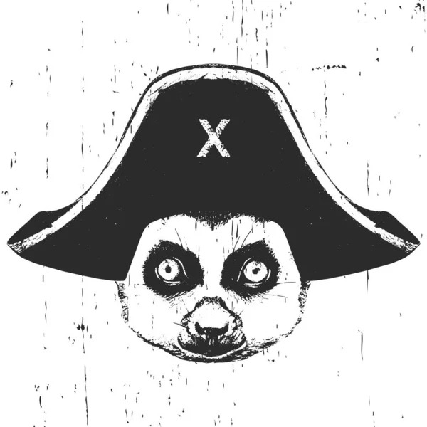 Porträtt Lemur Med Piratmössa Vektor — Stock vektor