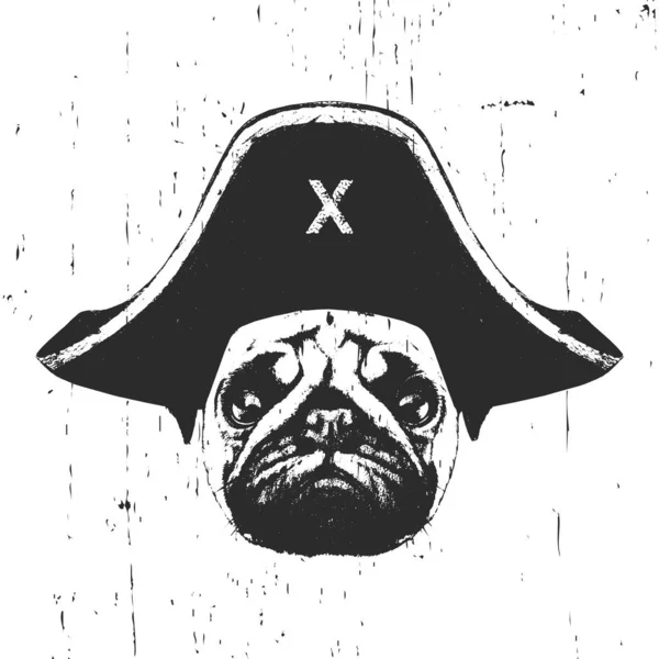 Porträtt Pug Med Piratmössa Vektor — Stock vektor