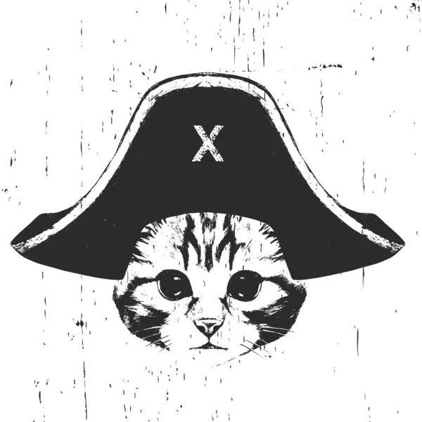 Porträt Eines Kätzchens Mit Piratenmütze Vektor — Stockvektor