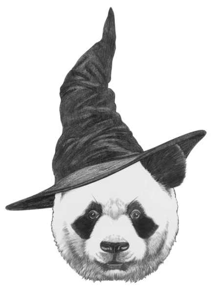 Niedliche Handgezeichnete Illustration Von Panda Mit Zauberhut — Stockfoto