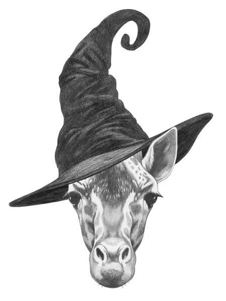 Leuke Met Hand Getekende Illustratie Van Giraffe Tovenaarshoed — Stockfoto