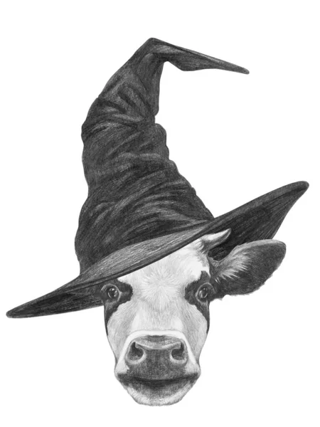 Roztomilá Ručně Kreslená Ilustrace Krávy Kouzelnickém Klobouku — Stock fotografie