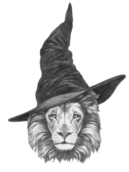 ウィザードの帽子のライオンのかわいい手描きのイラスト — ストック写真