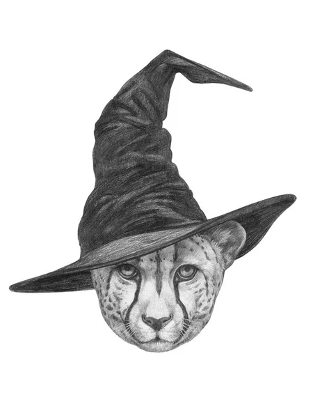 Cute Hand Drawn Illustration Panther Wizard Hat — Stock Photo, Image
