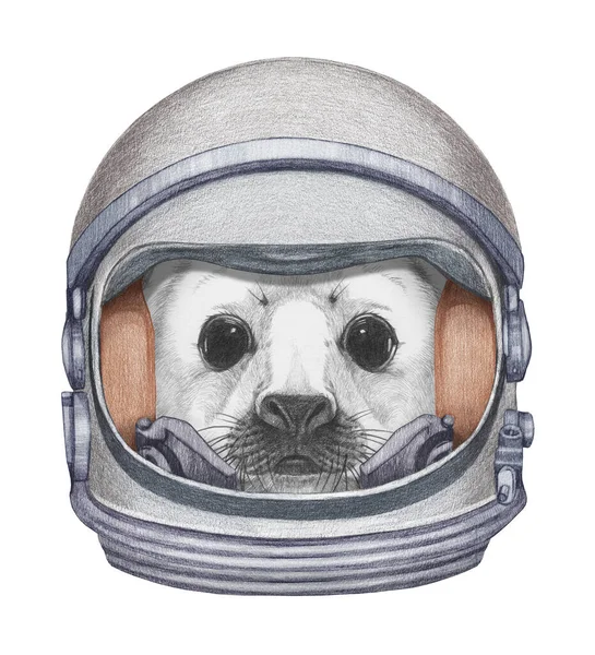 Χαριτωμένη Ζωγραφισμένη Στο Χέρι Απεικόνιση Της Φώκιας Στο Διαστημικό Κοστούμι — Φωτογραφία Αρχείου