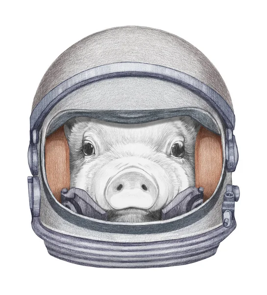 Bonita Ilustración Dibujada Mano Cerdo Traje Espacial — Foto de Stock