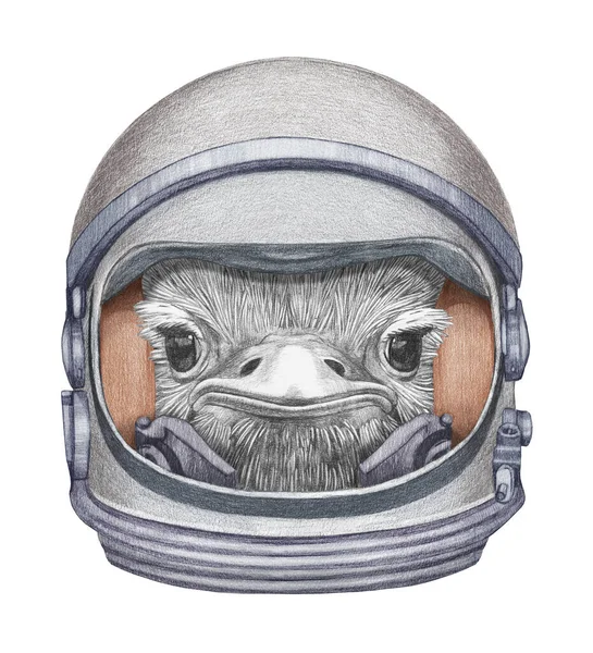 Cute Hand Drawn Illustration Ostrich Spacesuit — Stock Photo, Image