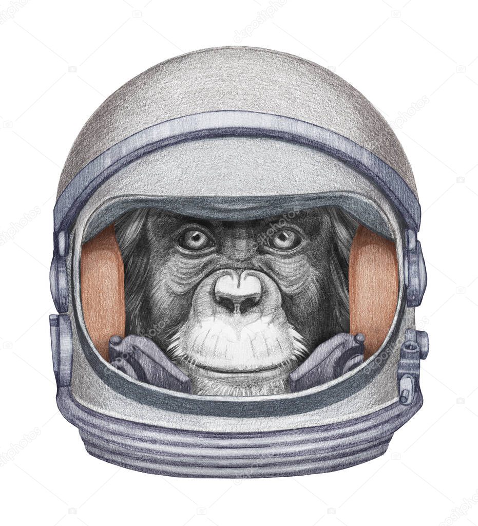 Cute hand-drawn illustration of monkey in spacesuit