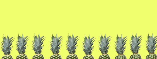 Fresh Pineapples Yellow Background Minimal Style Horizontal Orientation Copy Space — Stock Photo, Image
