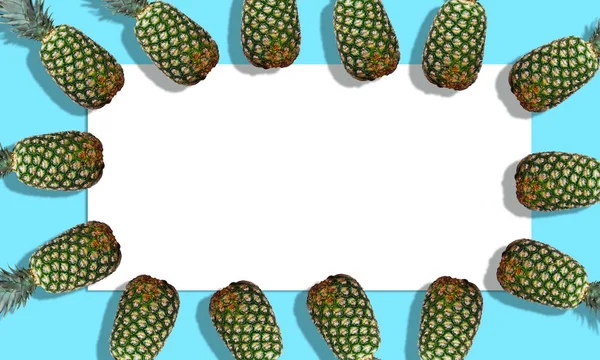 Fresh Pineapples Bright Blue Background Horizontal Orientation Copy Space — Stock Photo, Image