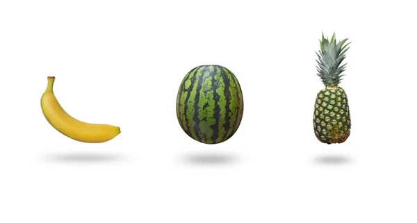 Watermelon, banana and pineappple isolated on white background with a shadow — Stock Photo, Image