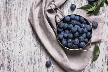 Blue blackthorn berries in metallic bowl on a table. Gray rustic background clipart