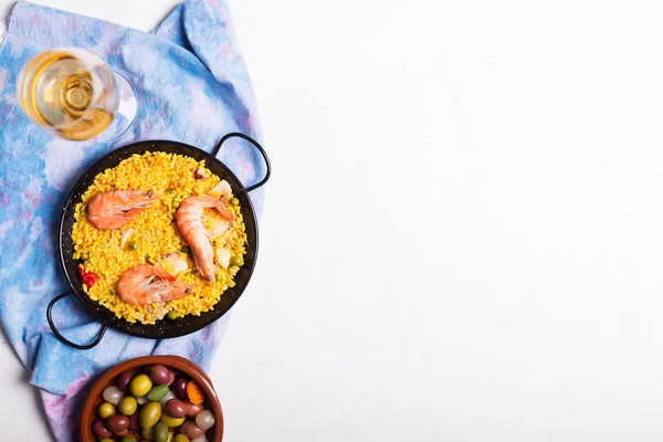 Prato Arroz Valenciano Nacional Espanhol Paella Matizado Com Açafrão Preparados — Fotografia de Stock