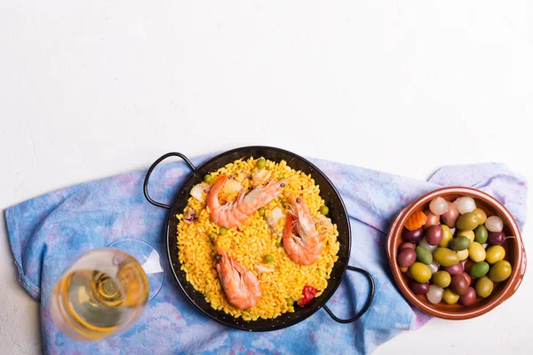 Prato Arroz Valenciano Nacional Espanhol Paella Matizado Com Açafrão Preparados — Fotografia de Stock