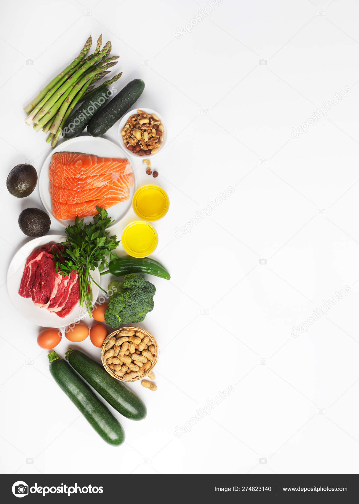 Ketogenic, keto diet, including vegetables, meat and fish, nuts and oil